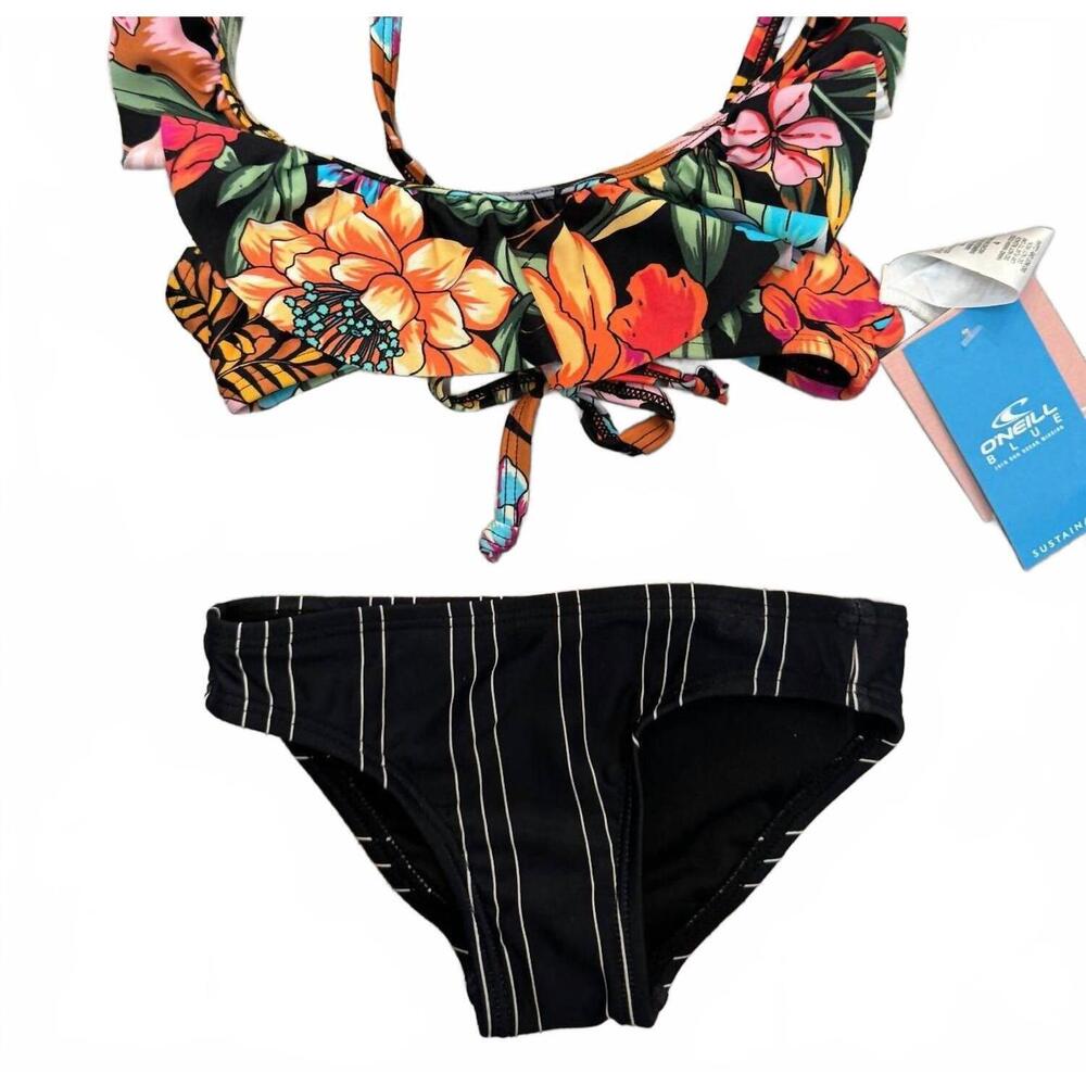 NEW O'NEILL girls reina tropical ruffle bralette bikini set in black